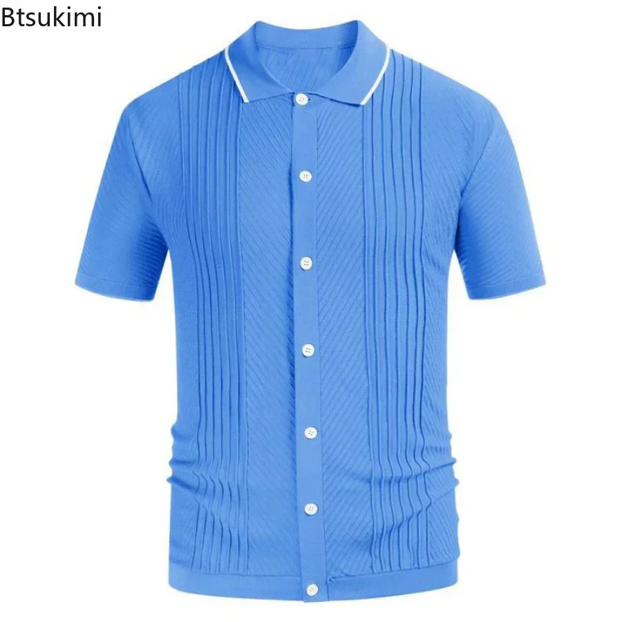 2025 Mens Summer Short Sleeve Polo Shirts Knitted Lapel Cardigan Top Stripe Stitching Men Polo Tee Shirt Fashion Camisa Hombre 250515