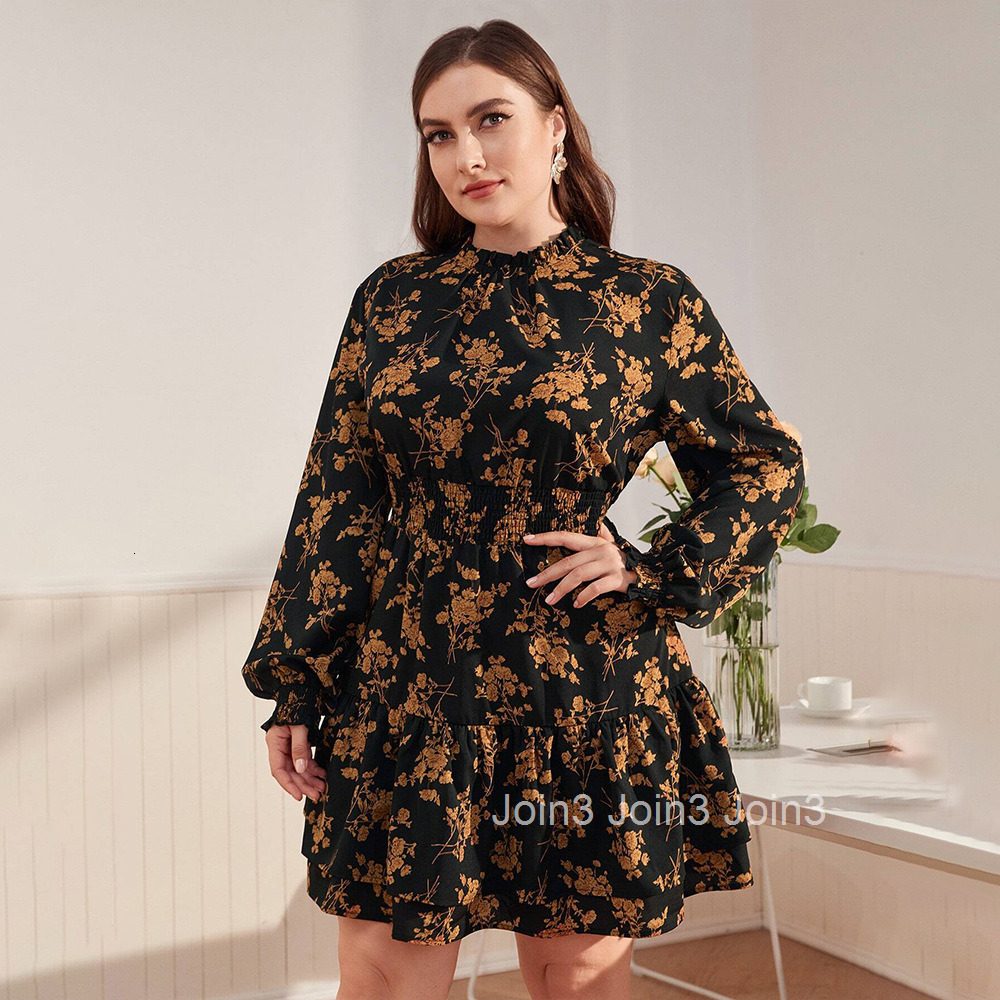 Plus Size Womens High Neck Bubble Sleeve Dress Autumn and Winter Elegant Ruffle Edge Floral Short Skirt