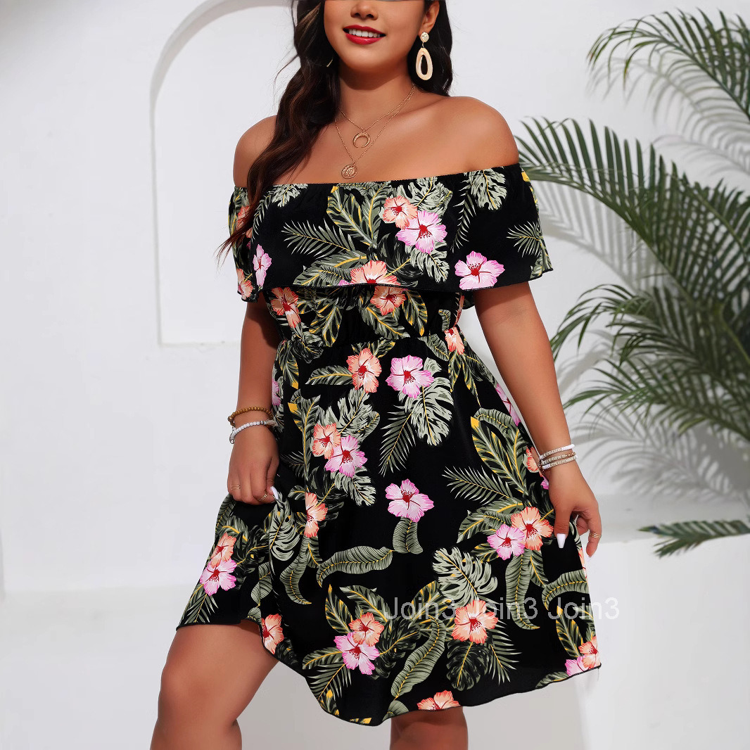 Summer New Womens Elegant Printed One Neck Strapless Waist Slimming Dress