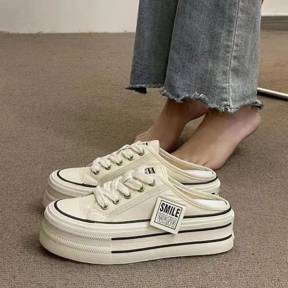 Summer Thick Soles Increase Slippers Trend All Lazy People A Slip-on Half Drag Fashion Casual Canvas Shoes Women 250515