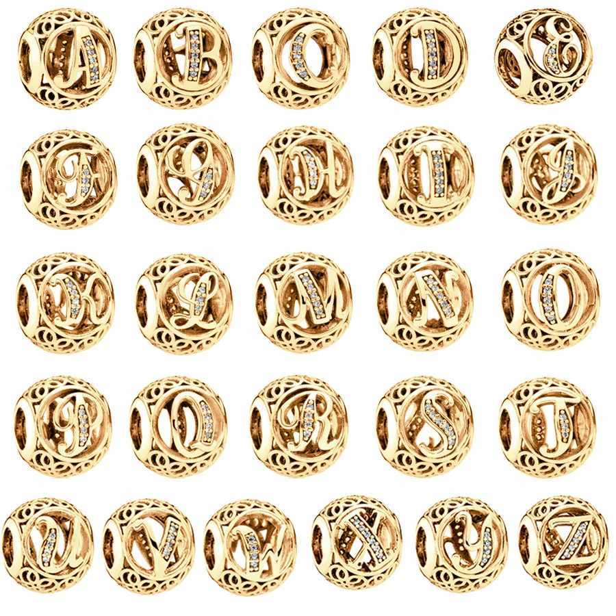 Gold Plated Openwork A - Z Alphabet 26 Letters Charm Bead Fit Original 925 Sterling Silver European Bracelet DIY Making JewelryXJ250517