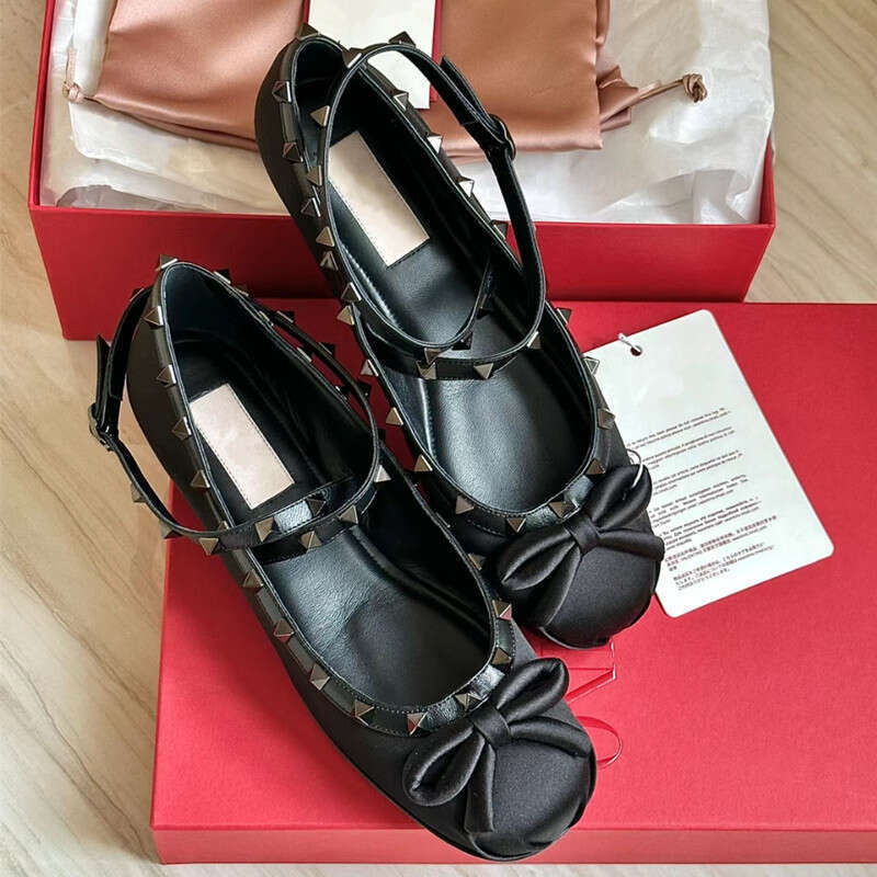 Fairy Cross Buckle Ballet Women's 2023 Summer and Autumn New Bow Rivet Flat Bottom Shallow Mouth Silk Single Shoes
