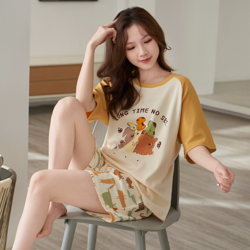 B885-Pure cotton sleeping women's summer short-sleeved shorts and long pants cute three-piece suit