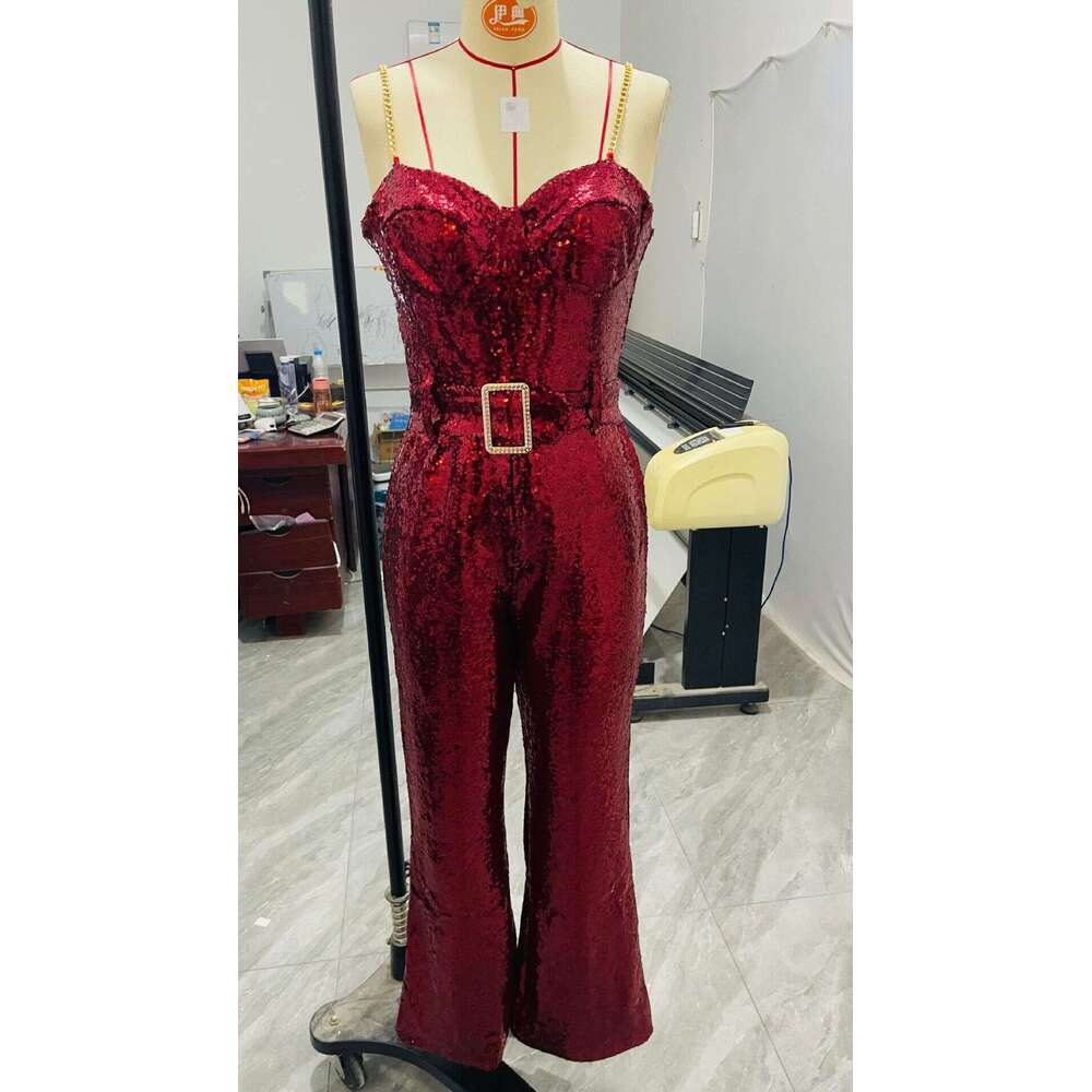 Wide Leg Jumpsuit New Fashionable And Sexy Chain Waistband Sequined Jumpsuit Backless Women S Spicy Pants Set