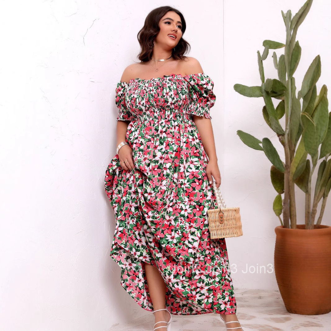 Large Size Womens Summer Floral One Shoulder Cinched Waist Slimming Dress