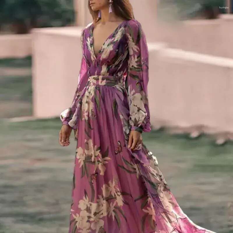 Casual Dresses Women Maxi Dress Low-cut Deep V Neck Tight High Waist Flower Print Lantern Sleeve Big Hem Soft Vintage Fall Spring designer bag