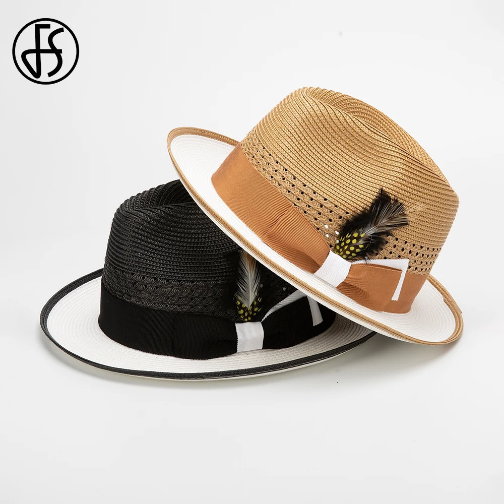 FS 2025 Spring Summer Khaki Cowboy Hats For Men With Feather Decorative Rolled Brim Jazz Panama Hat Gentleman Gangster Black Cap 250516