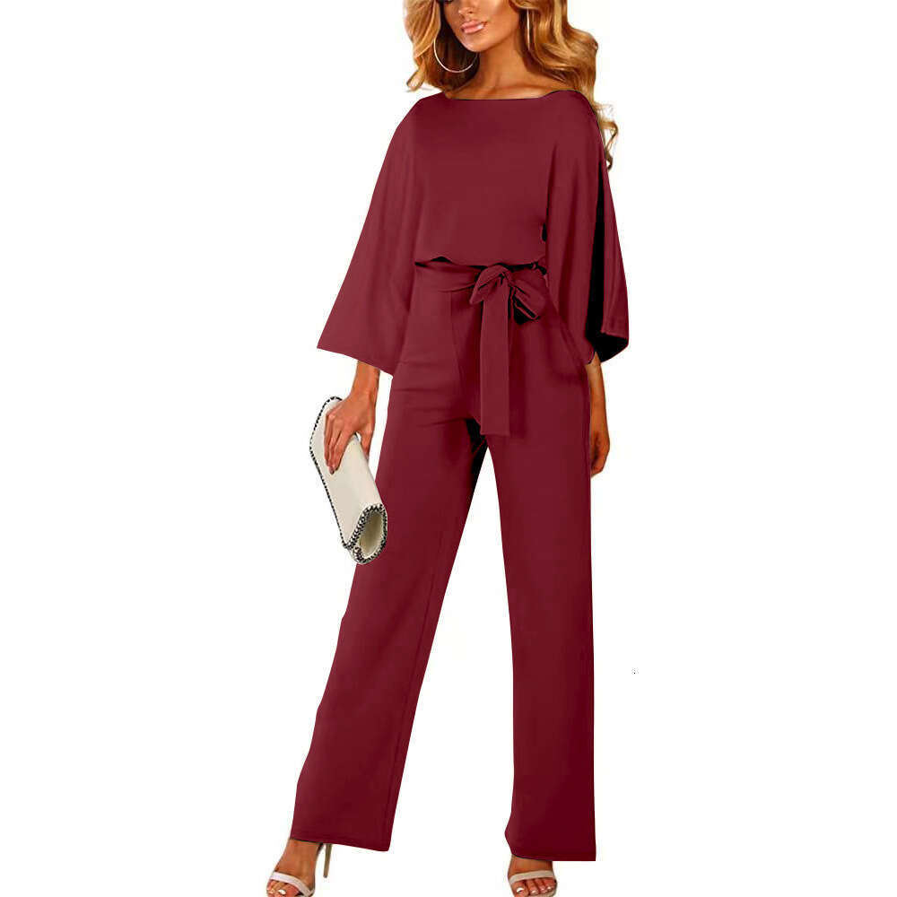 Wide Leg Jumpsuit Spring And Autumn Solid Color Seven Split Sleeves Tie Up Jumpsuit