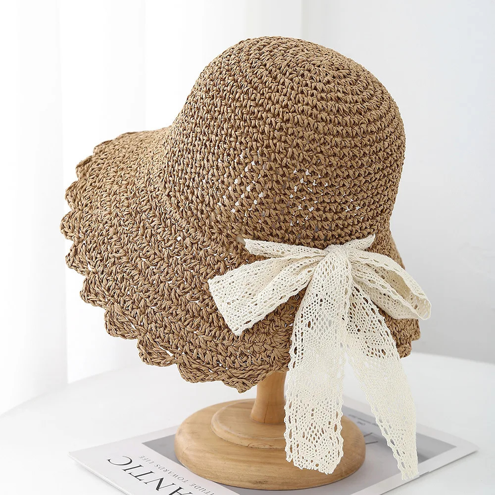 Lace Lace-up French Straw Hat Womens Summer Seaside Beach Sun Hat Foldable Large Brim Sun Protection Sunshade Hat Female 250516