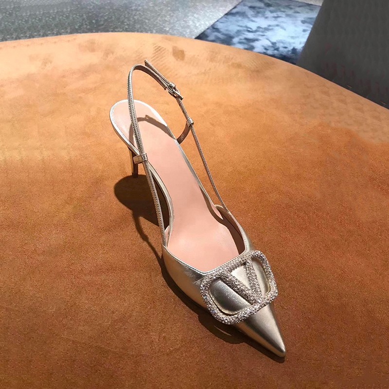 2025 new Silver high heeled shoes with thin heels women's style in summer pointed rhinestone single sole shoes versatile and extremely beautiful 