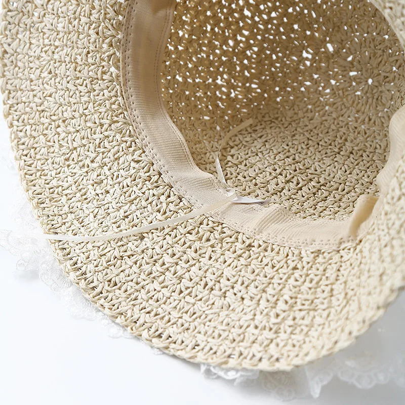 Womens Summer Hat Lace Bow Straw Sun Hat Fisherman Cap Wide Brim Sunscreen Bucket Hat Seaside Holiday Beach Accessories 250516