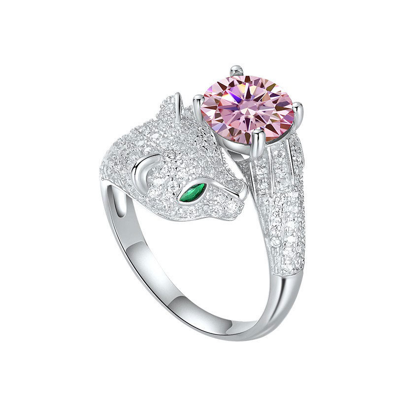 2CT color moissanite S925 sterling silver leopard jaguar animal ring, unique and high-end, light luxury, fashionable and cute band animal ring