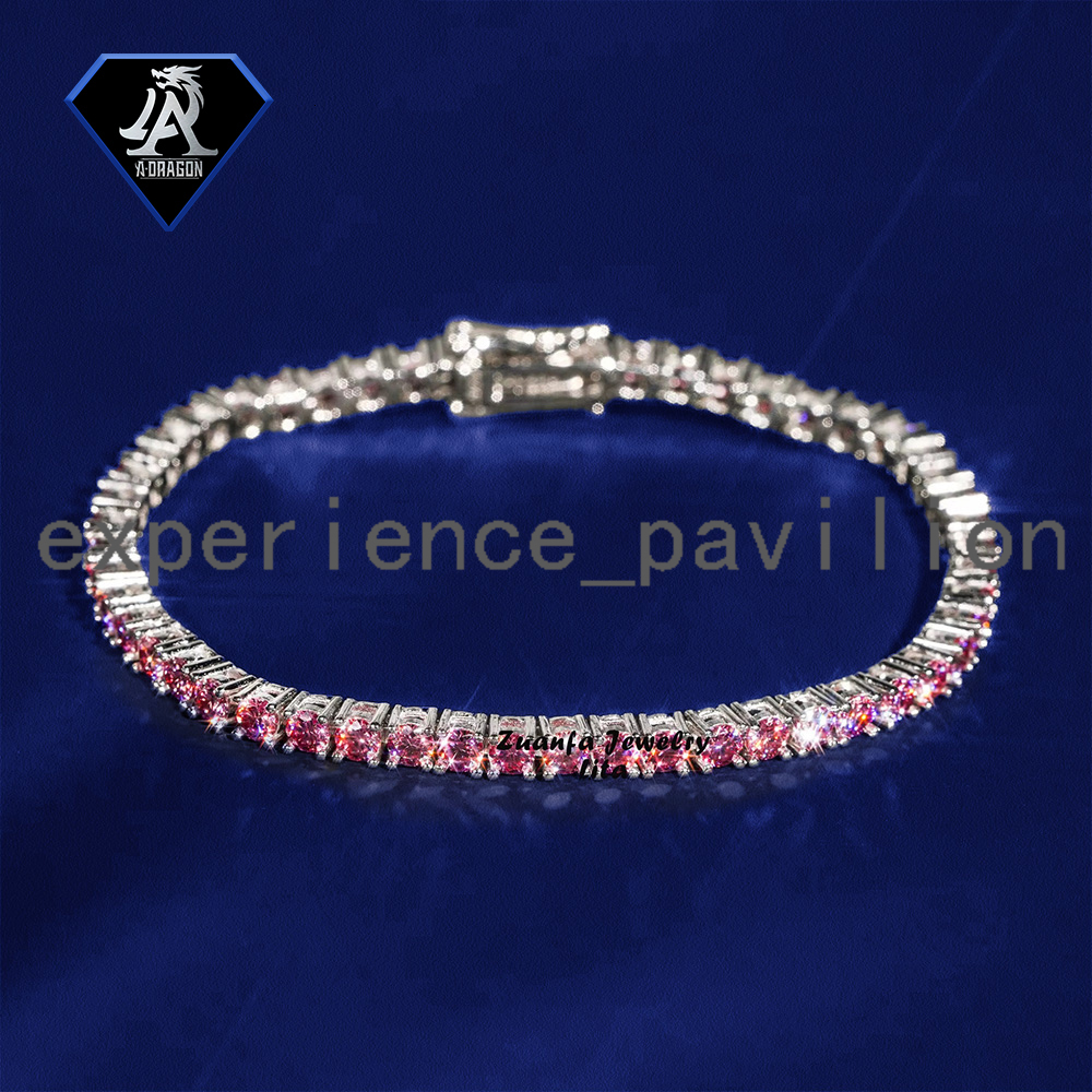 Hot Selling 2mm Sterling Silver Pink Moissanite Tennis Chain Set Includes Necklace and Bracelet for Hip Hop Fans
