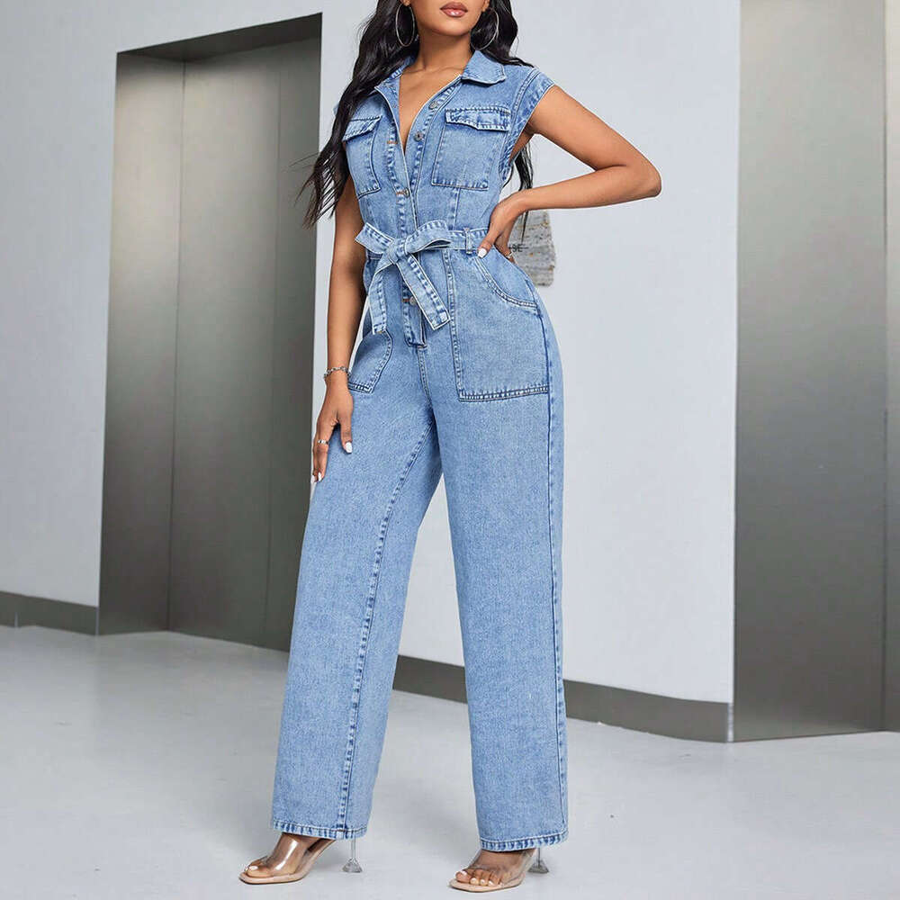 Wide Leg Jumpsuit New Women S Slim Fit Waist Cinching Lace Up Fashionable Patchwork Washed Sleeveless Denim Jumpsuit Pants