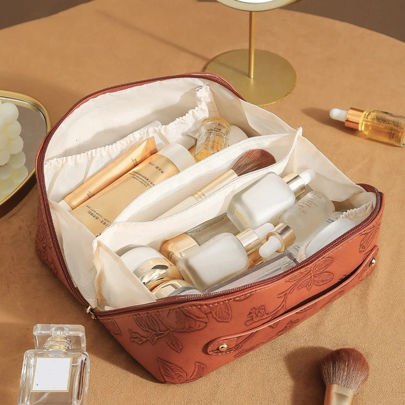 Vintage Flower Women Tote Cosmetic Bag Fashion Portable Pillow Makeup Orgainzer Pouch Washbag Large Capacity Travel Zipper Bag 250514