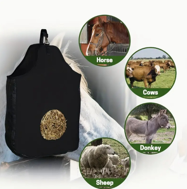 Slow Feed Hay Net Hay Feeder Hay Bags for Horses Goat Stall Trailer Horse Feeding Supplies Adjustable Travel Feeder Large Capacity Feeding Bag (Black)
