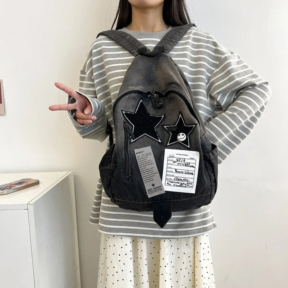 Fashion Large Capacity Denim Star Backpack Y2K All Match Double Shoulder Bag Unisex Star Pattern School Backpack Outdoor 250514