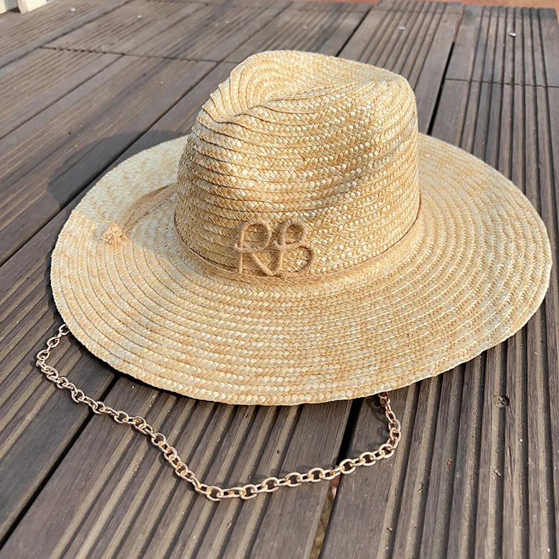 2025 European American Fashion n Natural Straw Hat Female Handmade Letter Sun Hat Metal Chain Sunshade Hat 250516