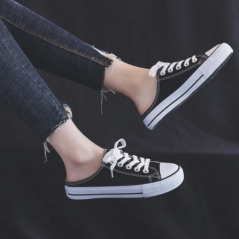 Women Canvas Flat Shoes Half slipper Autumn Fashionable Lace Up Low Cut Women Round Toe Black White Canvas Casual Shoes 250515