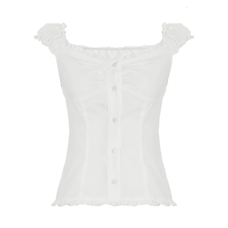 Darlingaga Korean Fashion Edible Tree Fungus Edge Shirts Womens Skinny With Botton Puff Sleeve Blouse Summer Cutecore Tops 250516