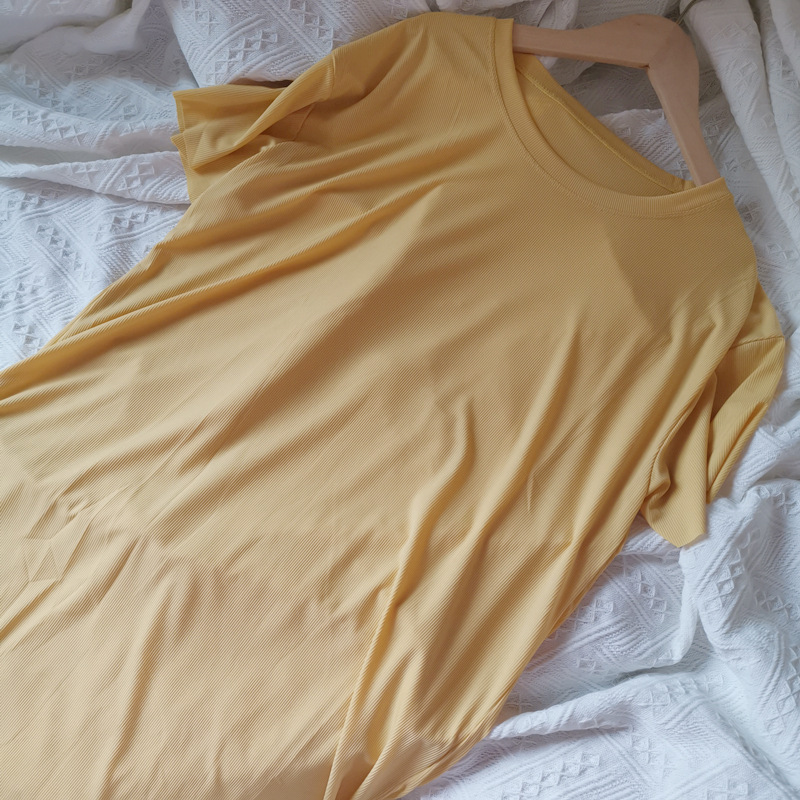 P1806 Ice silk cool skirt women's loose mid-length nightdress comfortable solid color simple large size ladies dress