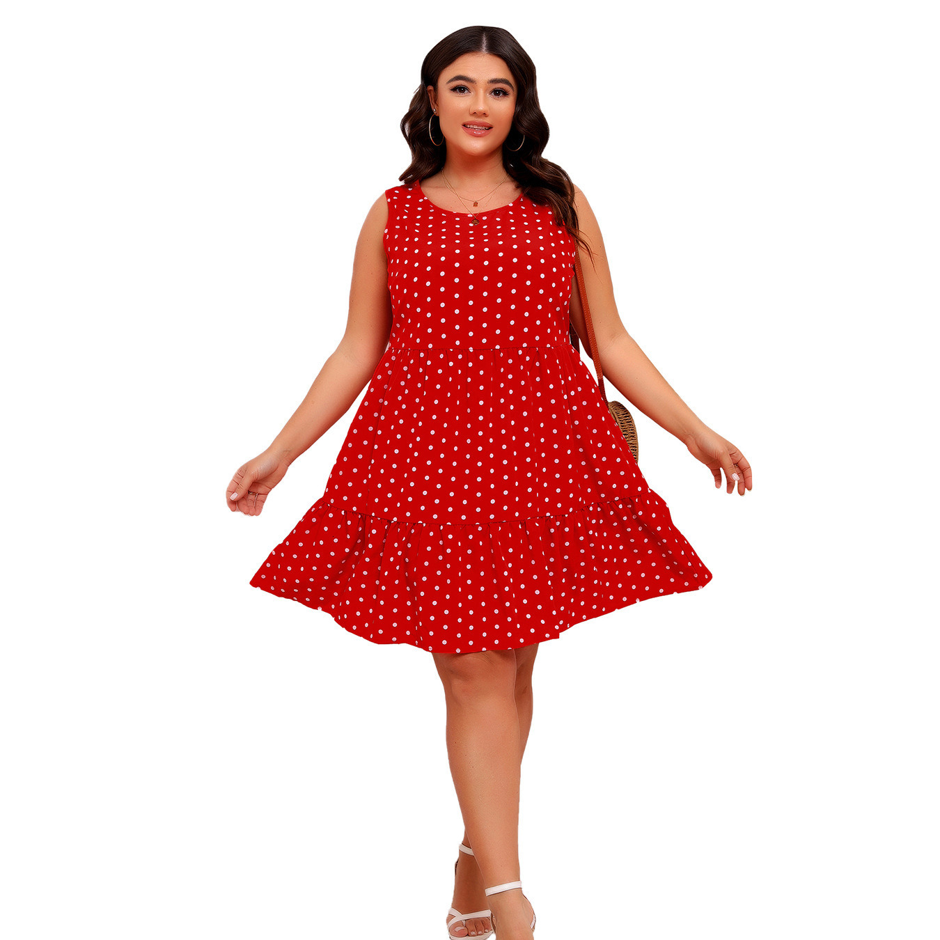 Round Neck Sleeveless Wave Point Loose Large Hem Ruffle Dress