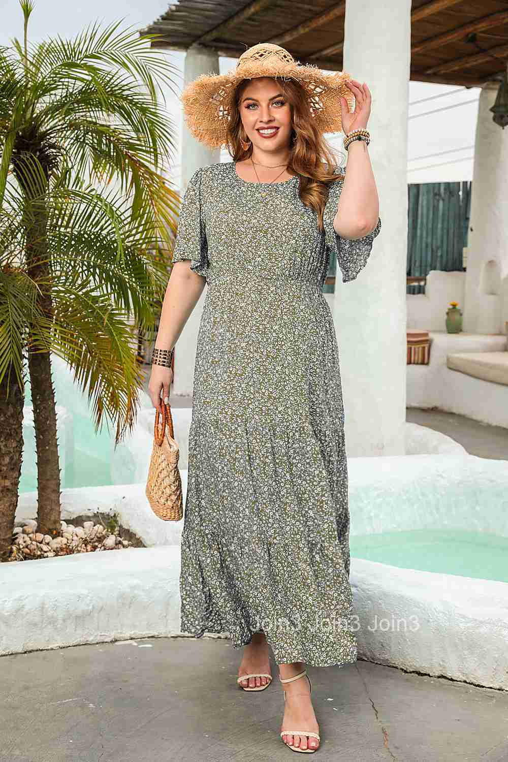 New Fragmented Flower Leisure Holiday Dress Round Neck Short Sleeve Large Swing Mid Length Dress Large Size Womens Wear