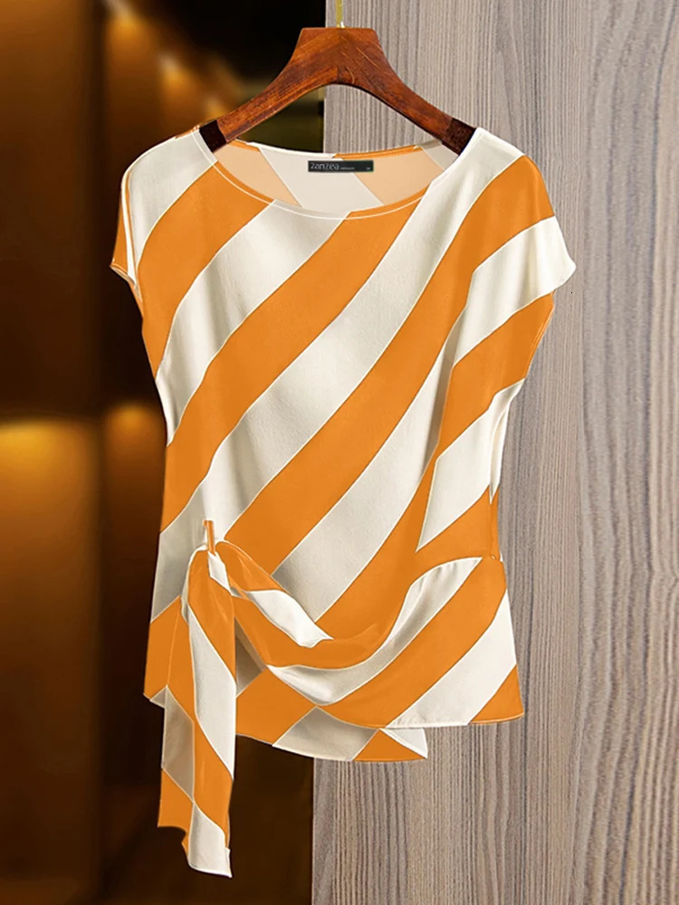 ZANZEA 2025 Korean Striped Printed Tops Fashion Short Sleeve Blouse Holiday Summer HolidayLoose Belted Tunic Casual Simple Tops 250517