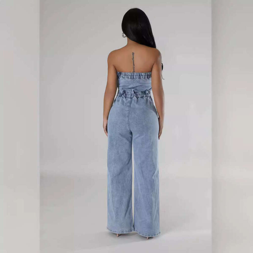 Wide Leg Jumpsuit Cowboy Women New Slim Fit Strapless Wide Leg Pants Washed Elastic Jumpsuit