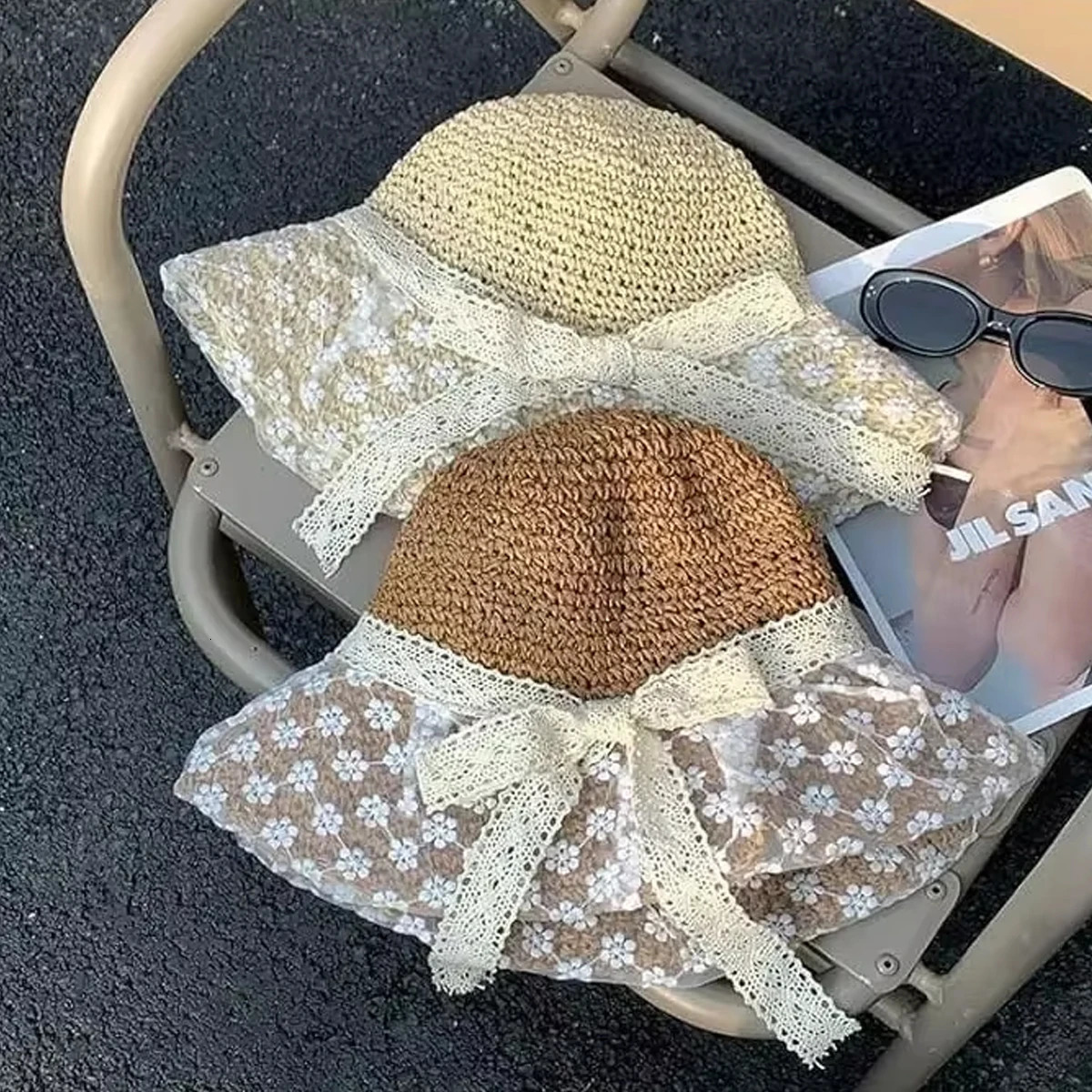 Wide Brim Sun Protection Straw Bucket Hat for Women Hand Woven Floral Lace Straw Hat Perfect For Beach Travel 250516