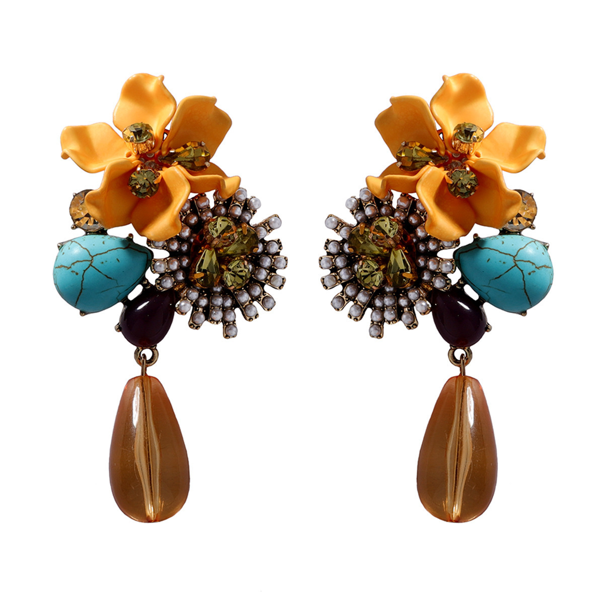autumn and winter style with exaggerated personality and versatile resin flowers water droplets long earrings heavy-duty temperament 240924