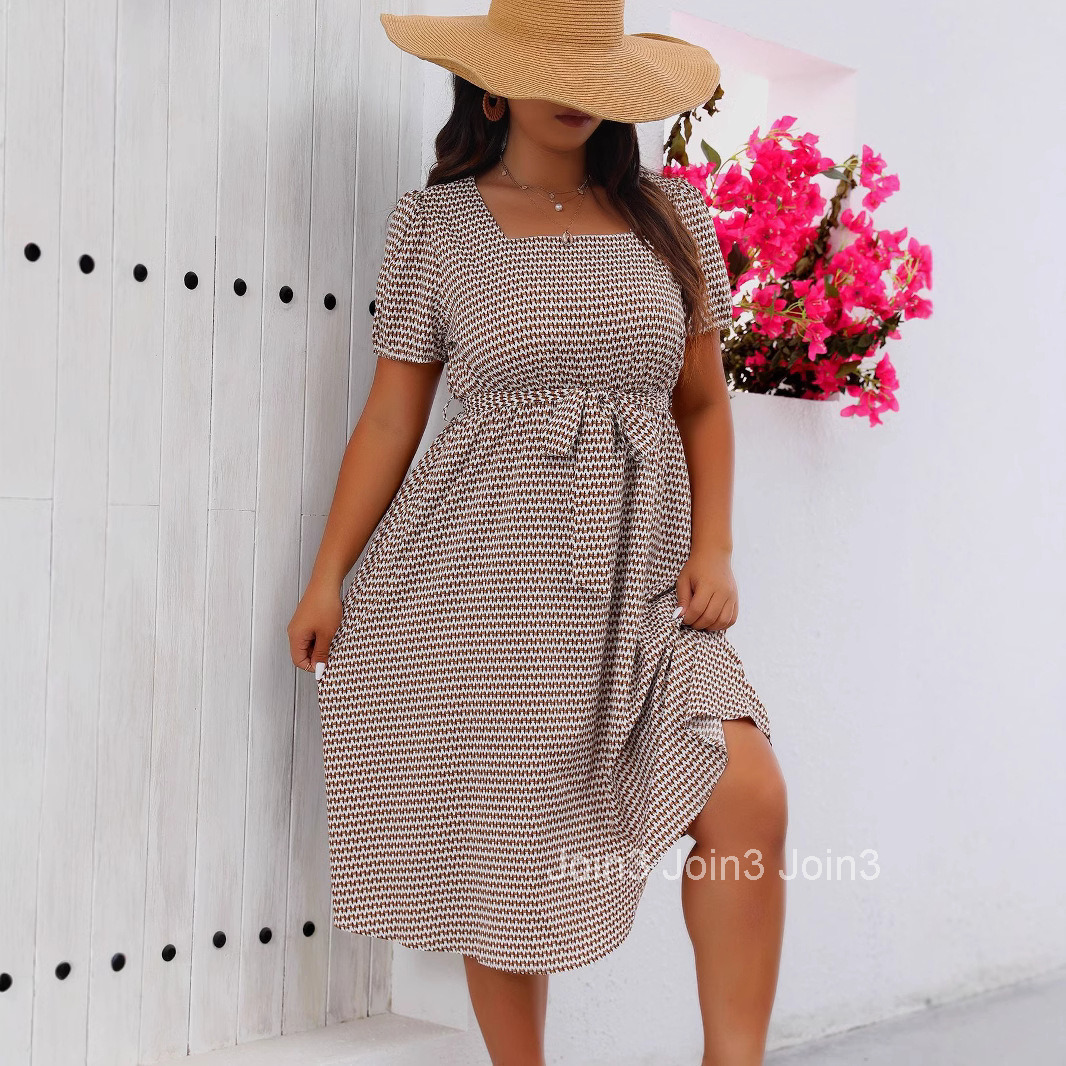 Large Size Womens Elegant Temperament Square Collar Lace Up Small Grid Large Swing Dress