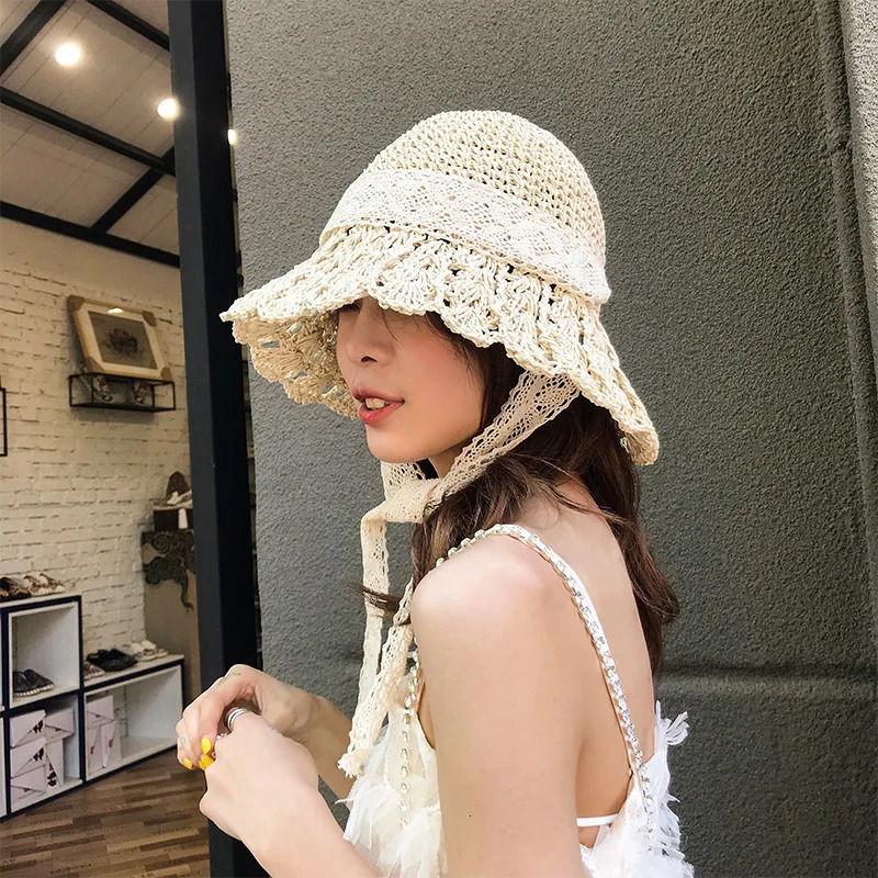 Womens Summer Crochet Straw Bucket Hat - Hollow Out Lace-Up n UV Protection Foldable Sun Cap for Beach Outdoor Fashion 250516