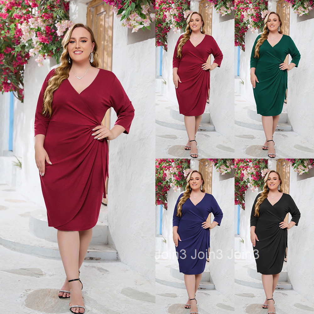 Large Womens Wear Large Solid Leisure Holiday Dress Strap Vacation V-neck Mid Length Dress
