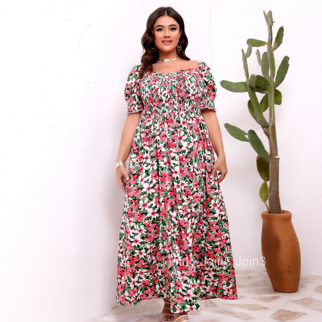 Large Size Womens Summer Floral One Shoulder Cinched Waist Slimming Dress