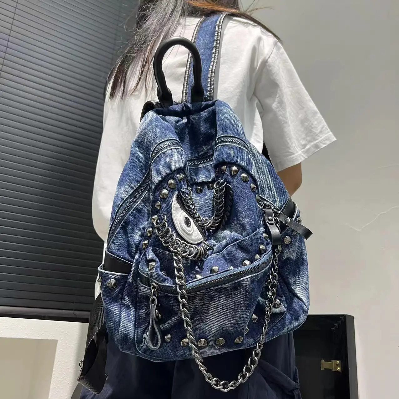 Womens Fashion Steampunk Denim Backpack Large Capacity Rivet Chain Shoulder Handbag 250514