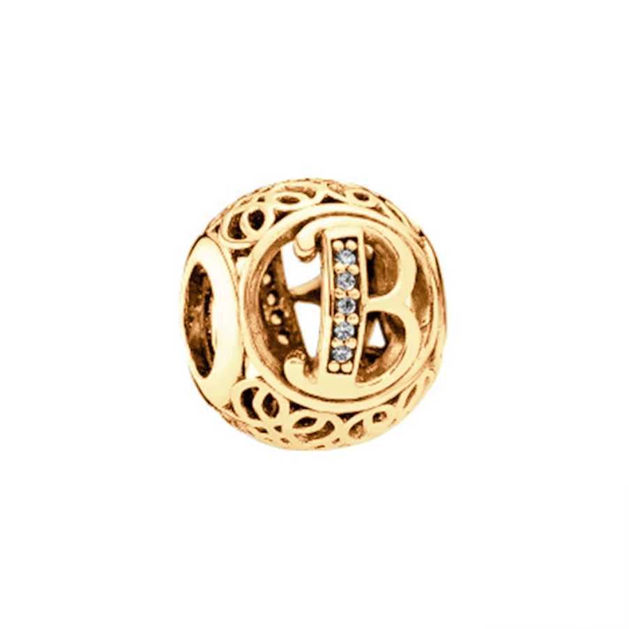 Gold Plated Openwork A - Z Alphabet 26 Letters Charm Bead Fit Original 925 Sterling Silver European Bracelet DIY Making JewelryXJ250517