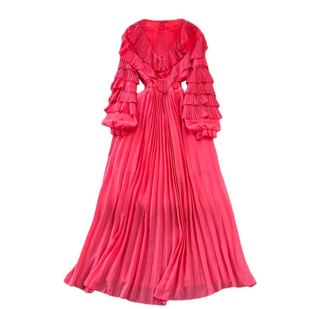 High end temperament dress womens 2025 spring new style niche elegant long skirt waist cinched ruffle edge patchwork pleated skirt