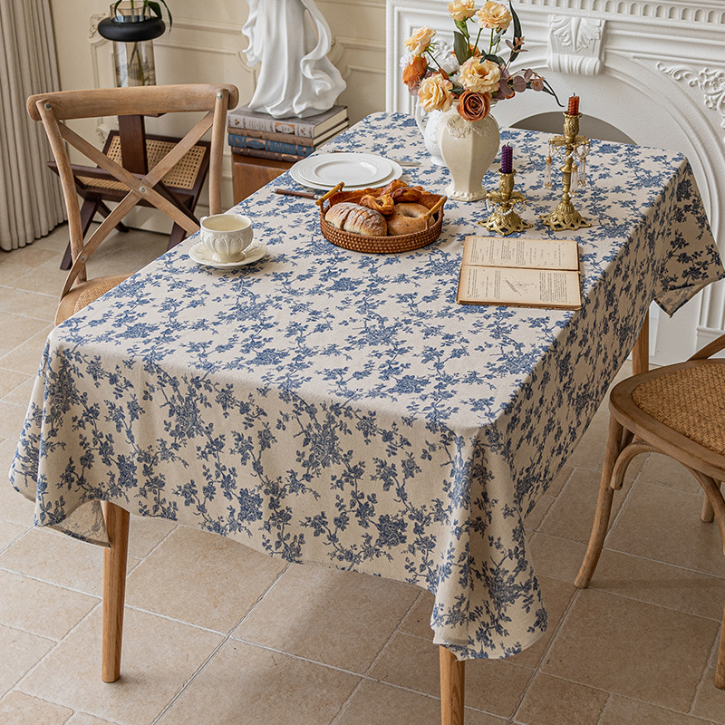 B399 cotton and linen Nordic style blue floral tablecloth dormitory rectangular cover cloth retro pastoral table cloth photo background cloth