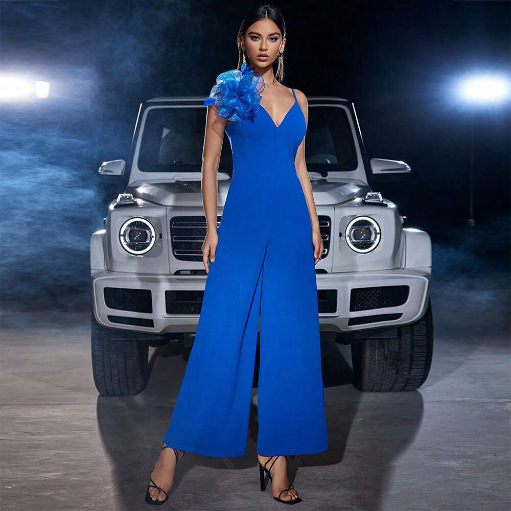 Wide Leg Jumpsuit Spring Summer Women S Fashion And Temperament Style Jumpsuit Three Dimensional Flower Deep V Suspender Jumpsuit