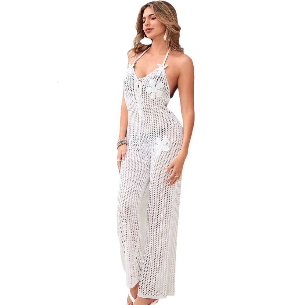 Wide Leg Jumpsuit Women S New Floating Flower Beach Knitted Sexy Sleeveless Jumpsuit For Women