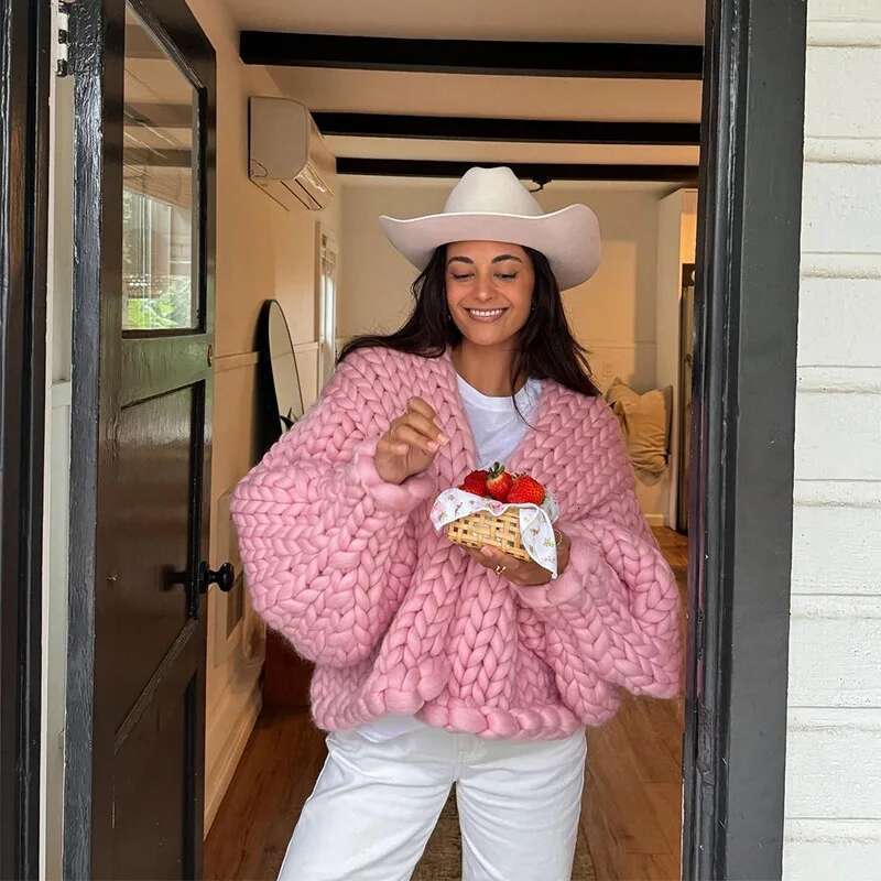 Chic Casual Coarse Noodle Cardigan Lantern Sleeve V Neck Sweater 2025 New Lady Commuter Winter Spring Knit Outerwear Designer