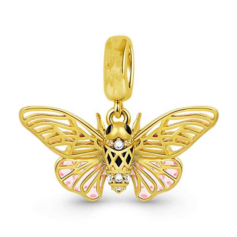 Sparkling Bee Gold Cicada Pendant Bee Embraces Heart Gem Charm Bead Fit Original European 925 Silver Bracelet DIY Jewelry GiftXJ250517