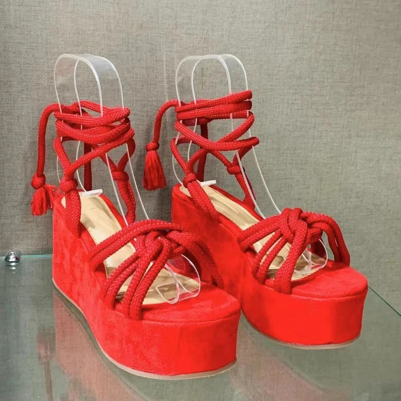 Platform Wedge Strappy Sandals Women Fashion Round Toe Cross Tied Height Increase Open Toe Women Sandals 250515