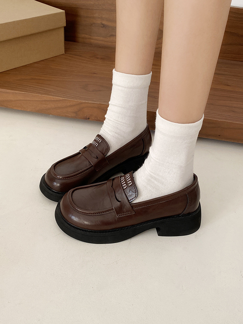 Free shipping Designer's thick-heeled and thick-soled loafers 2025 Korean version casual small leather shoes on one foot with black Mary Jane sin