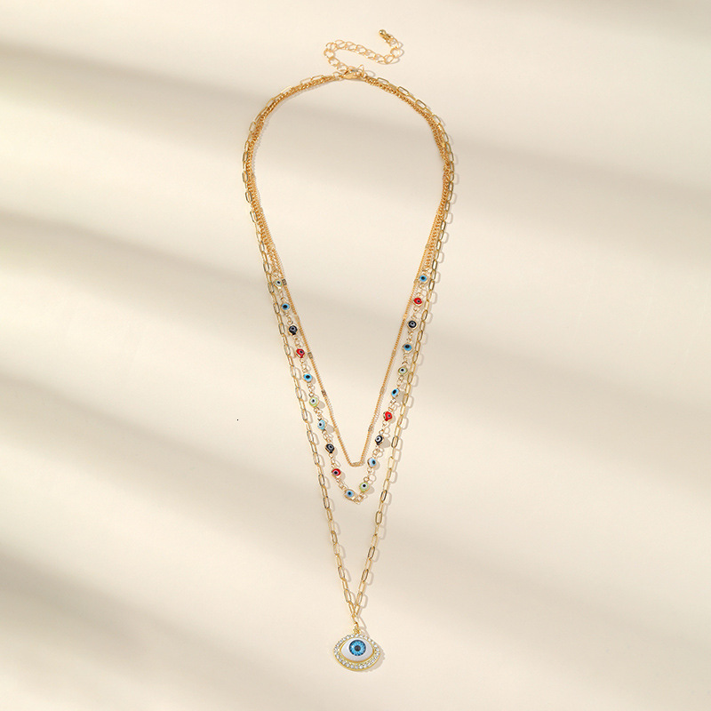 Pink heart-shaped necklace, multi-layer titanium steel devil's eye collarbone chain, colorful stone necklace