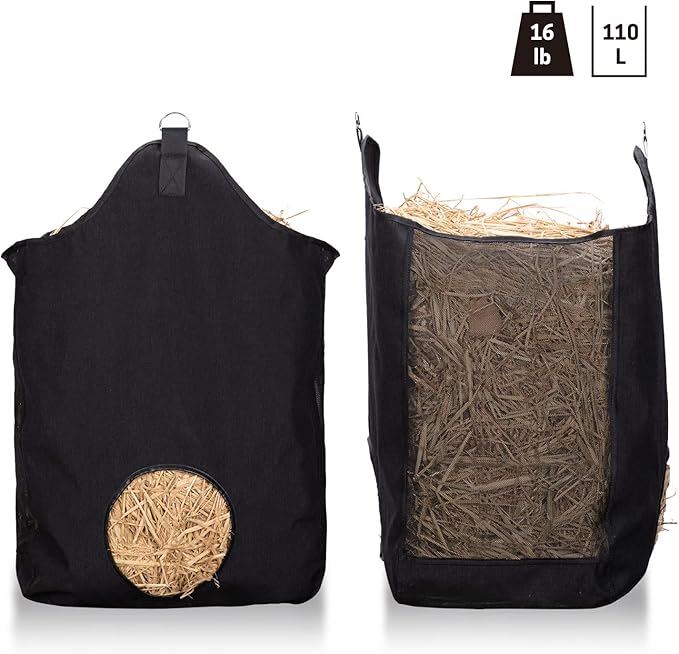 Slow Feed Hay Net Hay Feeder Hay Bags for Horses Goat Stall Trailer Horse Feeding Supplies Adjustable Travel Feeder Large Capacity Feeding Bag (Black)