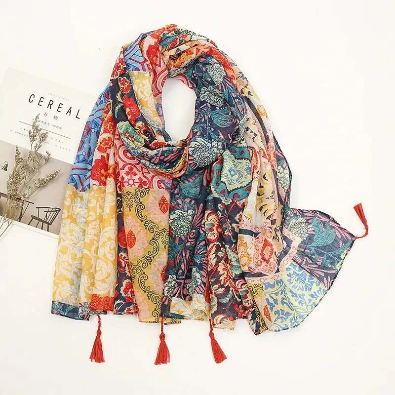Elegant Floral Printed Hijab Cotton Viscose Tassel Shawl For Woman Fashion Beach Long Scarf Ladies Flower Headscarf 185100cm 250517