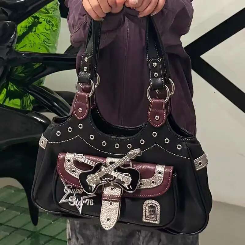 Gothic Punk Y2k One Shoulder Tote Haruku Aesthetic Leather Patchwork Casual Handbag Female Vintage Black Bags