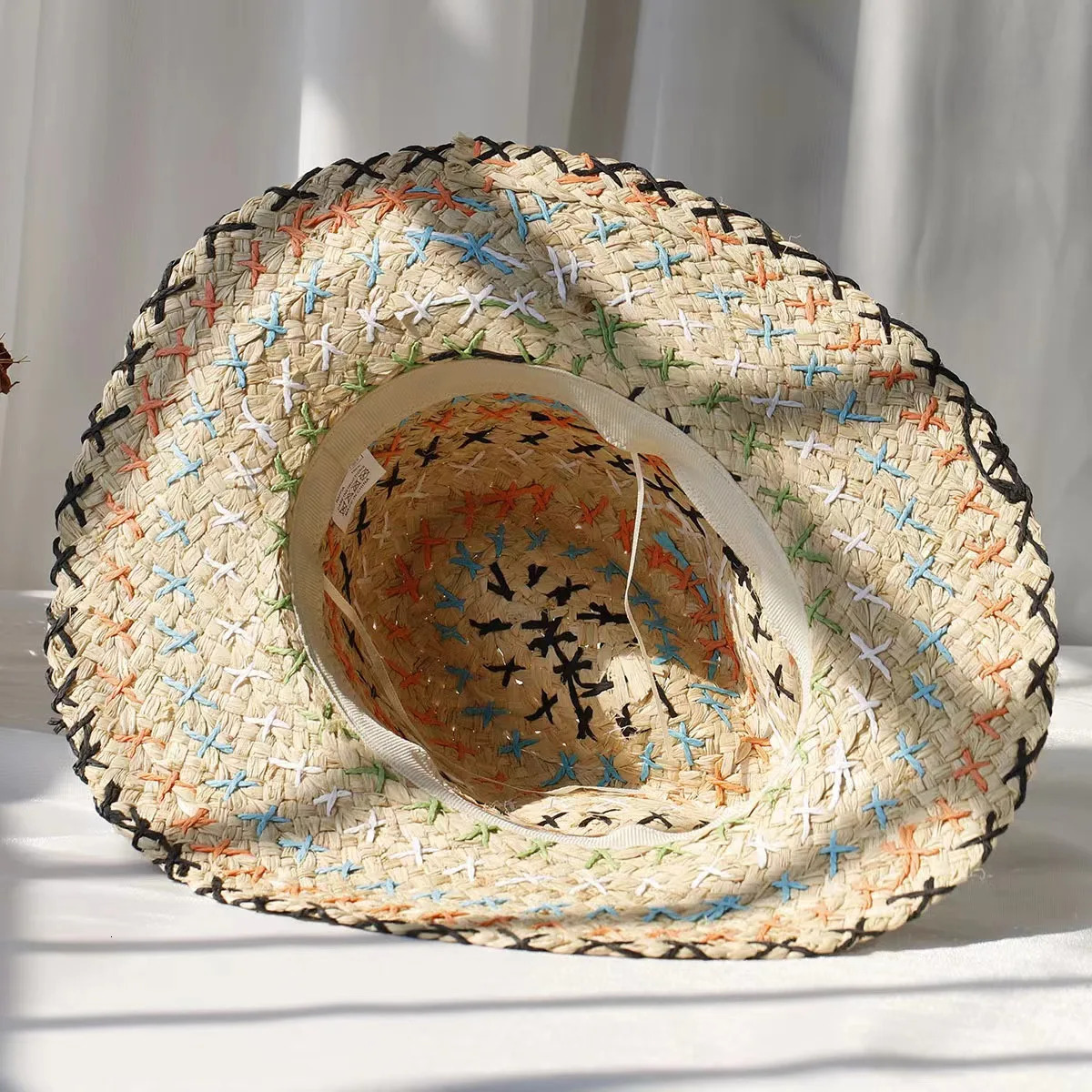 Raffia straw hat for women Bohemian colorful stitched straw hat ladies vacation sun hat beach summer vacation jazz hat panama 250516